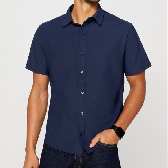 Fabletics The Don Short Sleeve Button Up, Deep Navy, Large, NWT - Picture 1 of 3